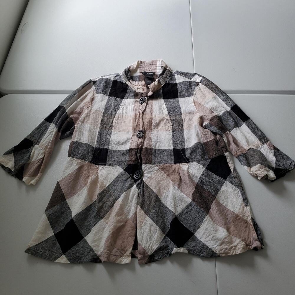 Ali Miles Tunic Blouse Womens XL Multicolor Linen Plaid Button 3/4 Sleeve Top